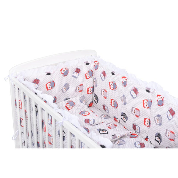 Lenjerie Patut 5 Piese, 120x60 cm, Cu Volanas, Bufnite, Gri-Rosu, BabyNeeds