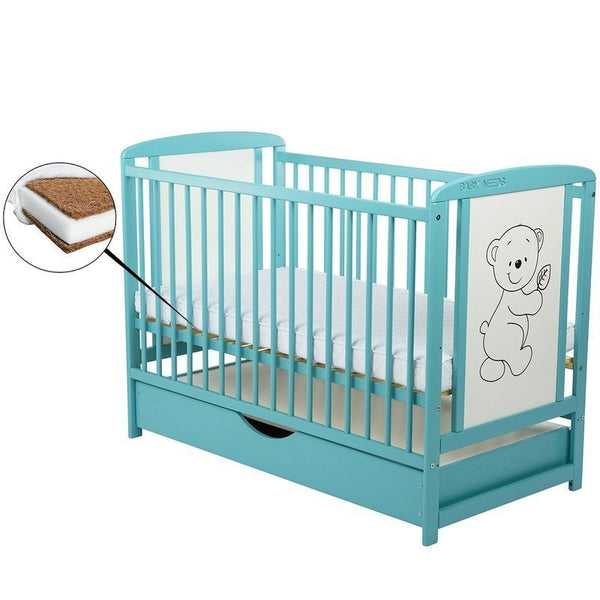 Patut Bebe din Lemn, Timmi, 120x60 cm, cu Sertar, Mint + Saltea 12 cm, BabyNeeds