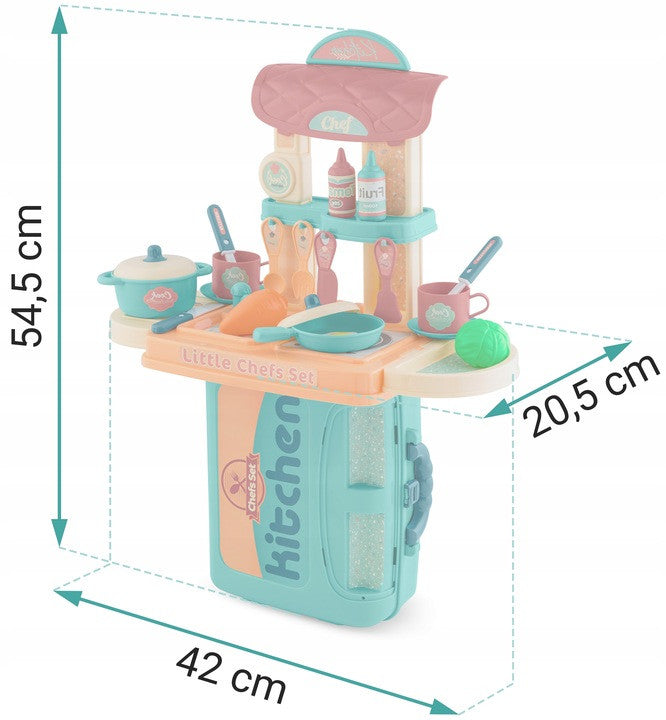 Bucatarie din plastic pentru copii, tip valiza, cu 20 de accesorii, 42 x 20,5 x 54,5 cm, Ricokids, 3 in 1
