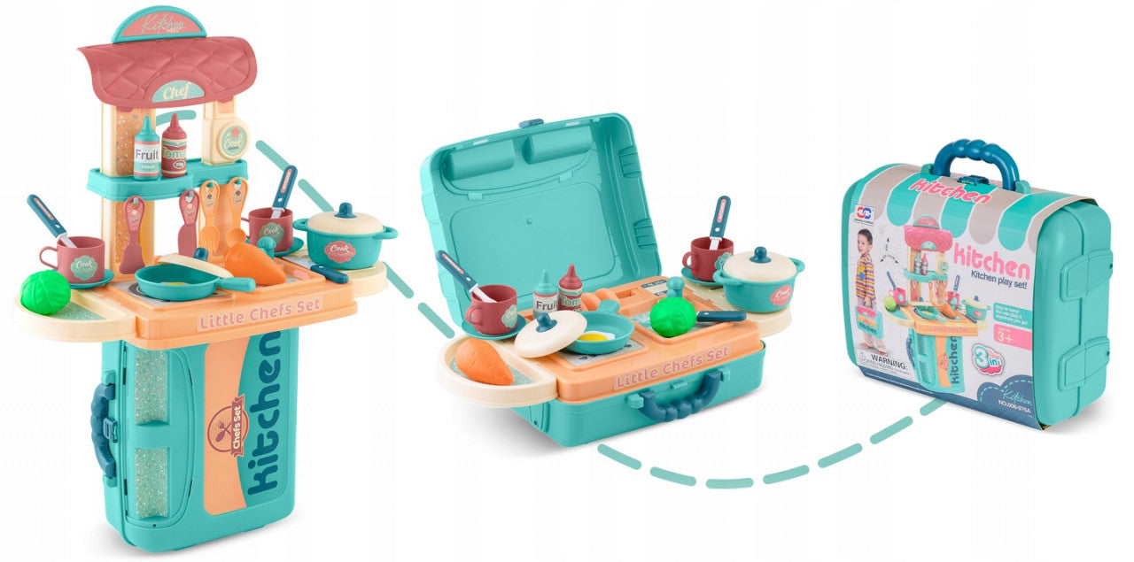 Bucatarie din plastic pentru copii, tip valiza, cu 20 de accesorii, 42 x 20,5 x 54,5 cm, Ricokids, 3 in 1