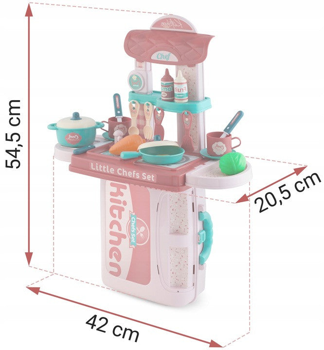 Bucatarie din plastic pentru copii, tip valiza, cu 20 de accesorii, 42 x 20,5 x 54,5 cm, Ricokids, 3 in 1, Roz