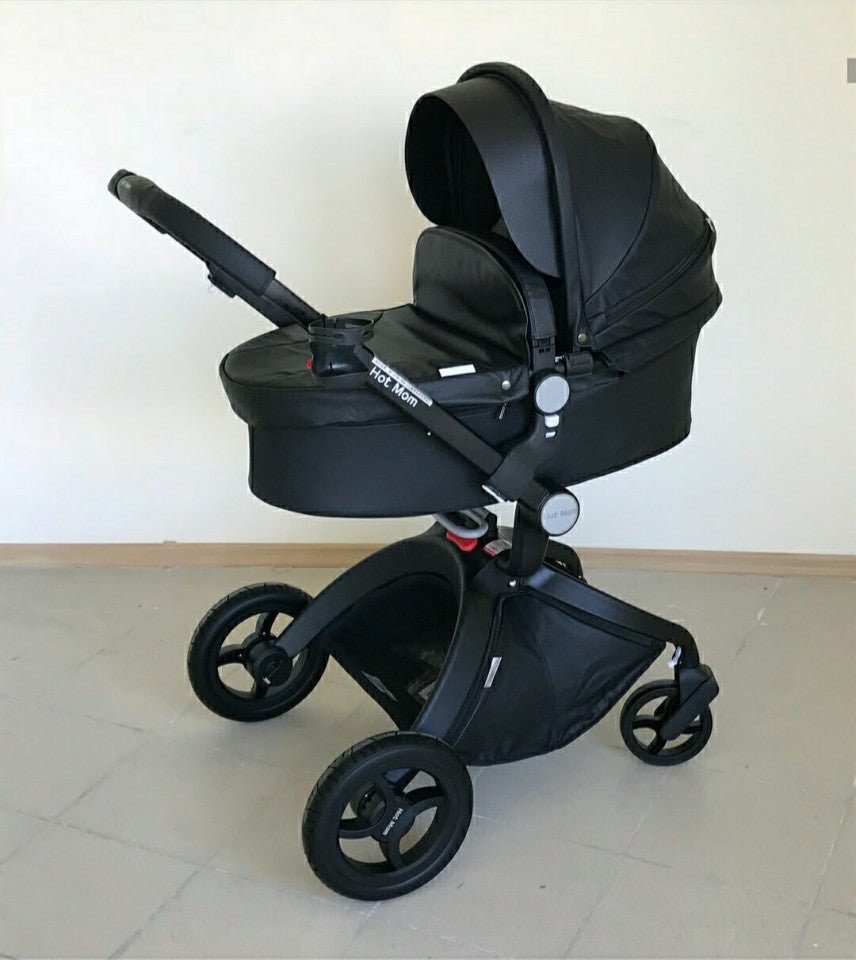 Carucior Copii Hot Mom Premium 3 in 1 Negru, varsta intre 0 si 3 ani, Piele Ecologica