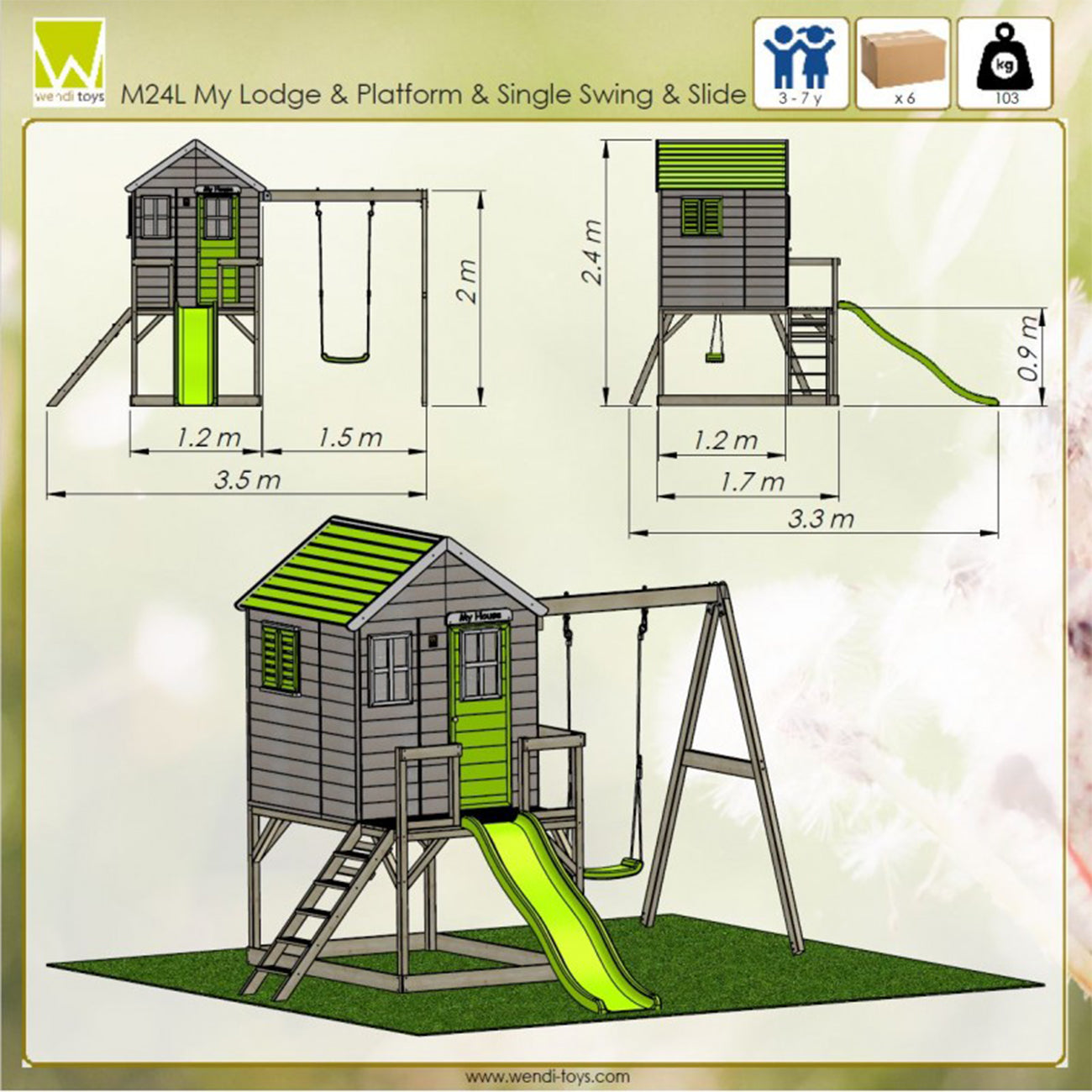 Casuta de gradina pentru copii Lime Lodge cu platforma, tobogan si leagan, +3ani, Wendi Toys
