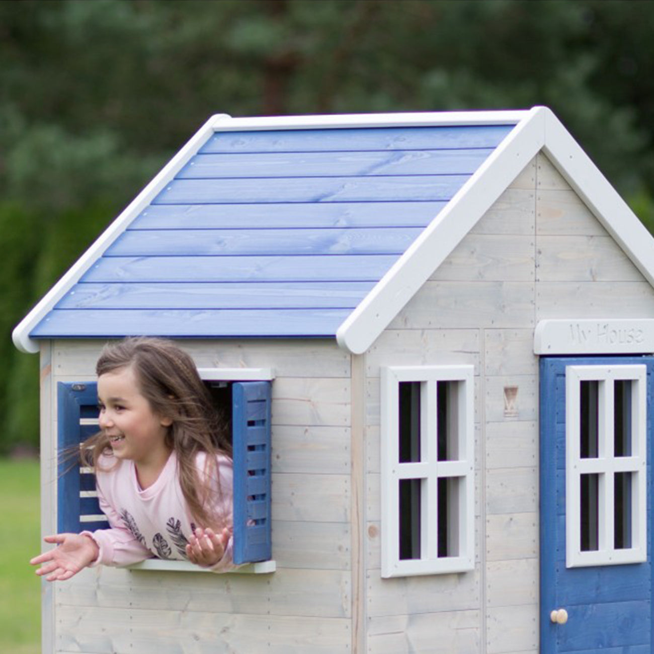 Casuta de gradina pentru copii, My Blue Cottage House cu platforma si tobogan, +3ani, Wendi Toys
