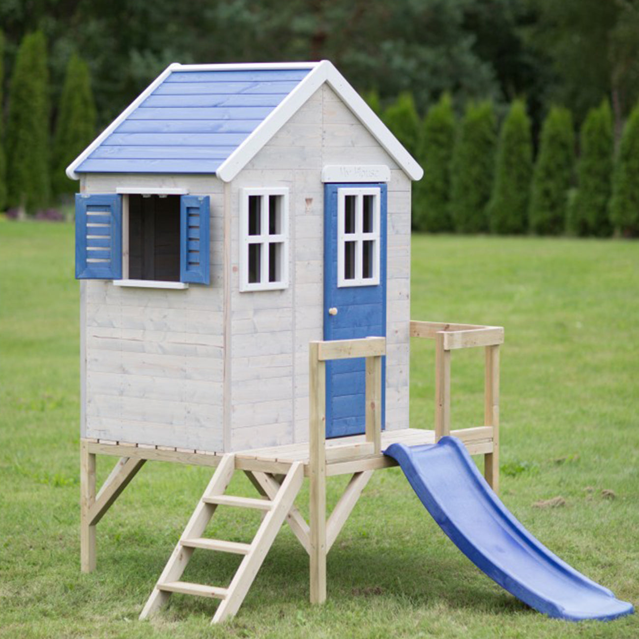 Casuta de gradina pentru copii, My Blue Cottage House cu platforma si tobogan, +3ani, Wendi Toys