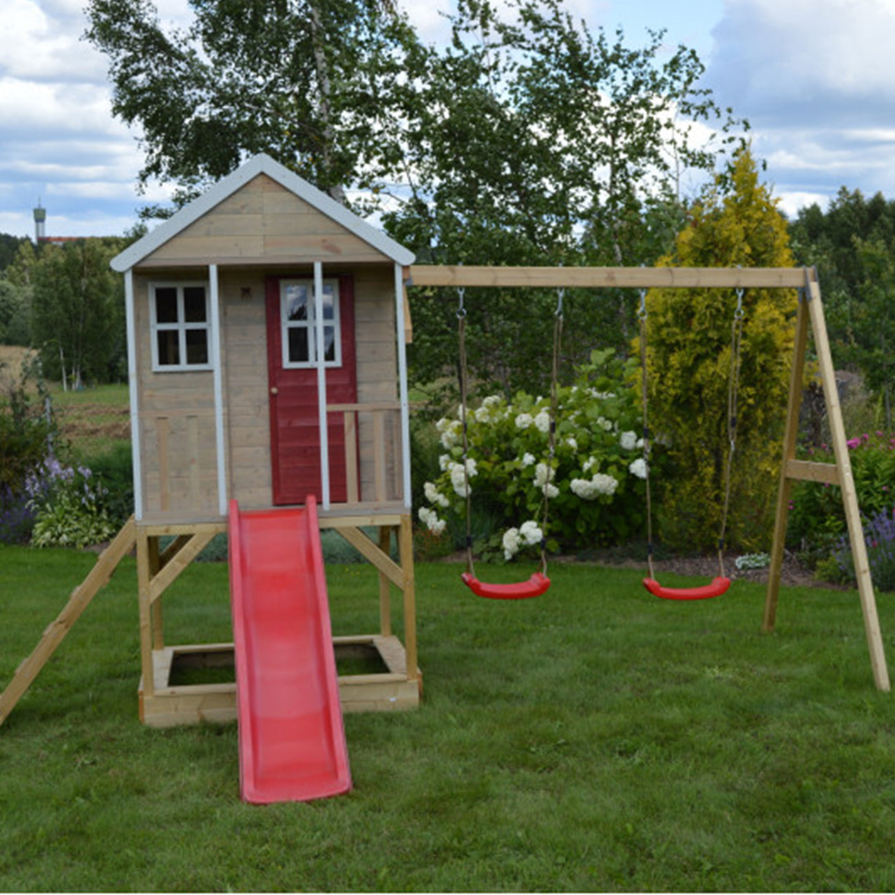 Casuta de gradina pentru copii, Nordic Adventure House cu platforma, loc pentru nisip, tobogan si leagan dublu, +3ani, Wendi Toys