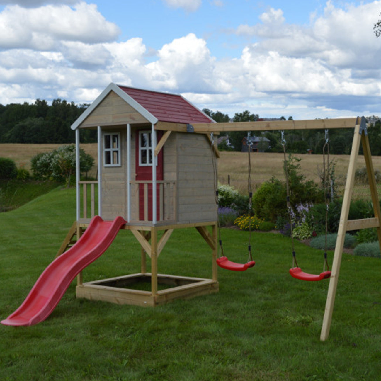 Casuta de gradina pentru copii, Nordic Adventure House cu platforma, loc pentru nisip, tobogan si leagan dublu, +3ani, Wendi Toys