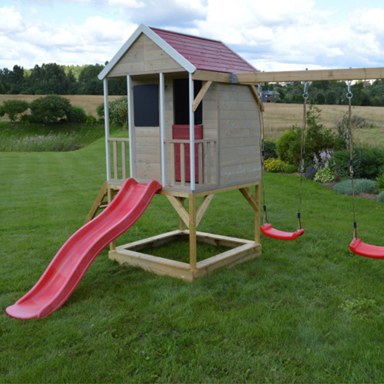 Casuta de gradina pentru copii, Summer Adventure House cu platforma, loc pentru nisip, tobogan si leagan dublu, +3ani, Wendi Toys