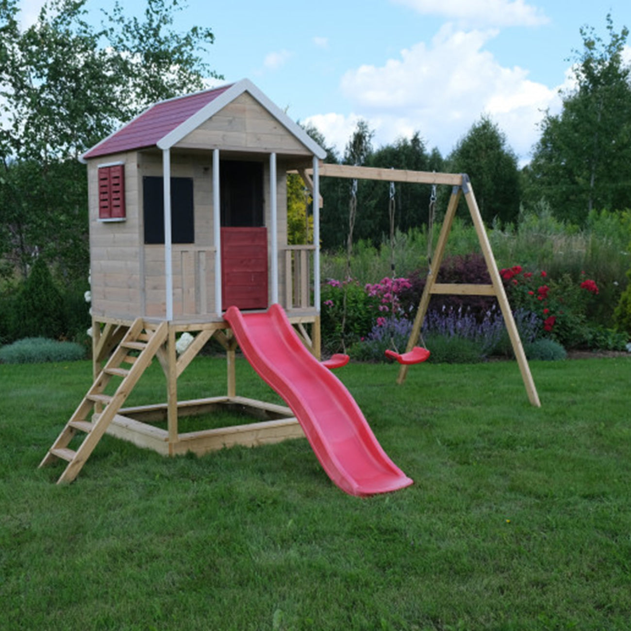 Casuta de gradina pentru copii, Summer Adventure House cu platforma, loc pentru nisip, tobogan si leagan dublu, +3ani, Wendi Toys