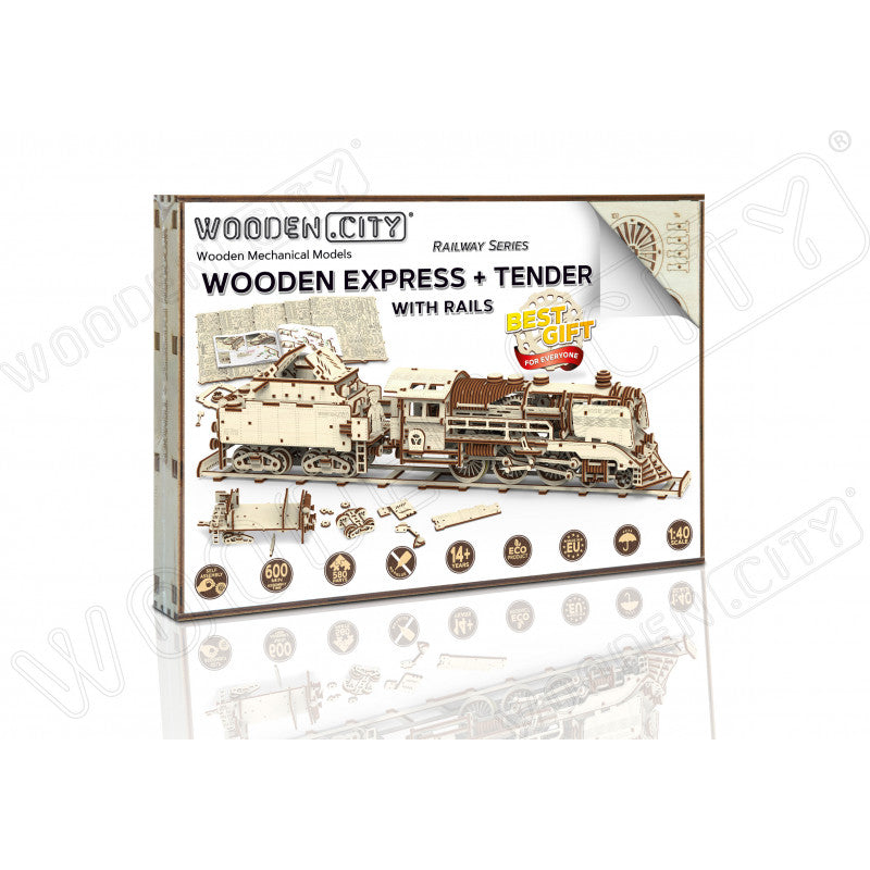 Expres cu vagon pe sine - puzzle mecanic 3D, Wooden.City