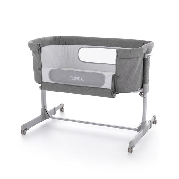 Patut co-sleeper, Pliabil, Reglabil in 5 pozitii, Cu laterala detasabila, Include geanta de transport si salteluta, Cu roti, Greutate maxima suportata 9 kg, 0-5 luni, Gri, Feedo