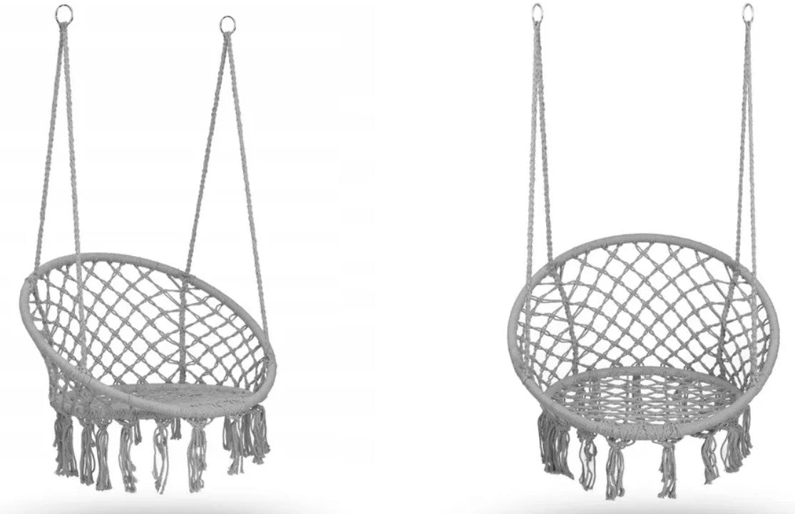 Fotoliu tip balansoar suspendat, Boho, 150 kg, cadru cercuri metalice, Gri, Sofotel