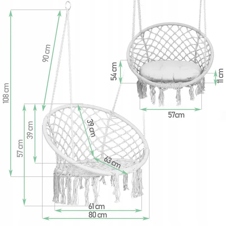 Fotoliu tip balansoar suspendat, Boho, 150 kg, cadru cercuri metalice, perna moale, Gri, Sofotel