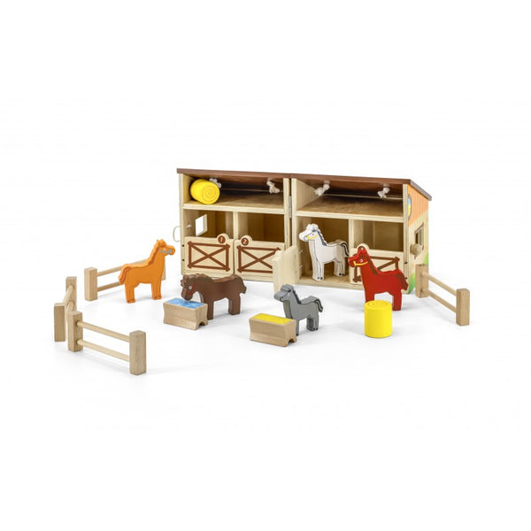 Jucarie din lemn, Grajd pliabil si portabil cu 5 cai,  tip Montessori, +3ani, VIGA