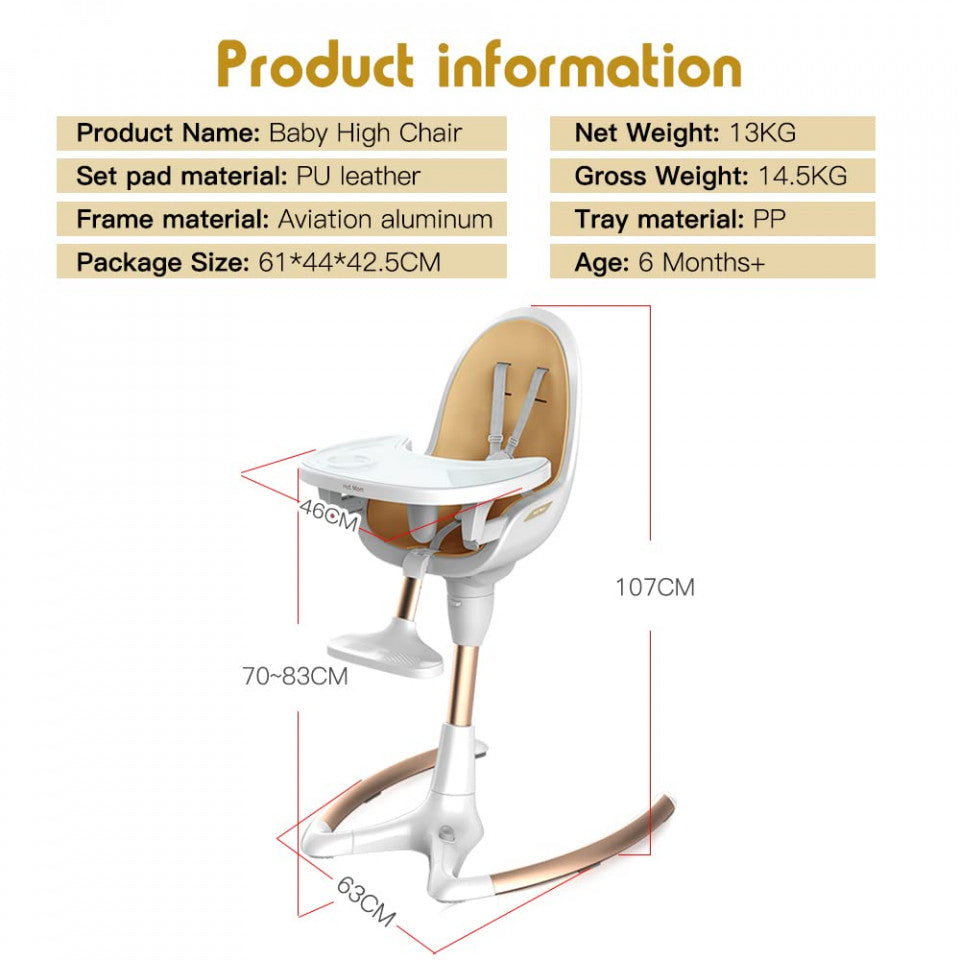 Scaun pentru Hranire 3 in 1, inaltime reglabila, rotatie 360 grade, inclinatie relglabila, 0 - 50 kg, White Gold, Hot Mom