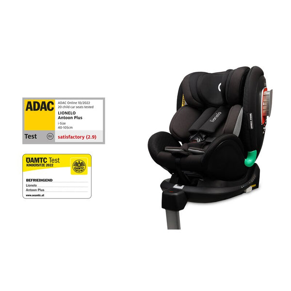 Scaun auto I-size Antoon Plus, Pozitie de somn, Protectie laterala, Rotire 360 grade, 0-18 kg, Cu Isofix si picior de sustinere, Negru, Testat ADAC, Conform cu standardul european de securitate ECE R129, Lionelo