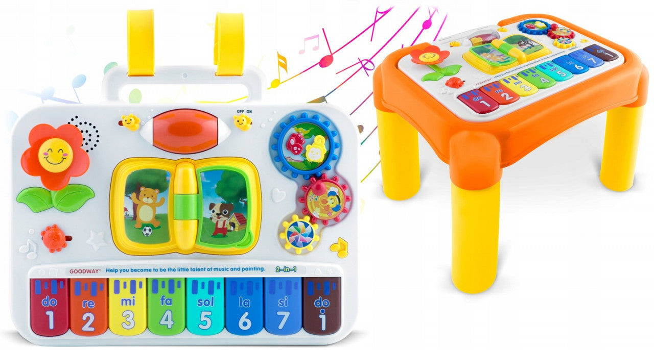 Masa de activitati interactive pentru copii, multifunctionala, cu sunete si lumini, cu planse educative, pian, cutie pentru nisip, Ricokids, RK-746
