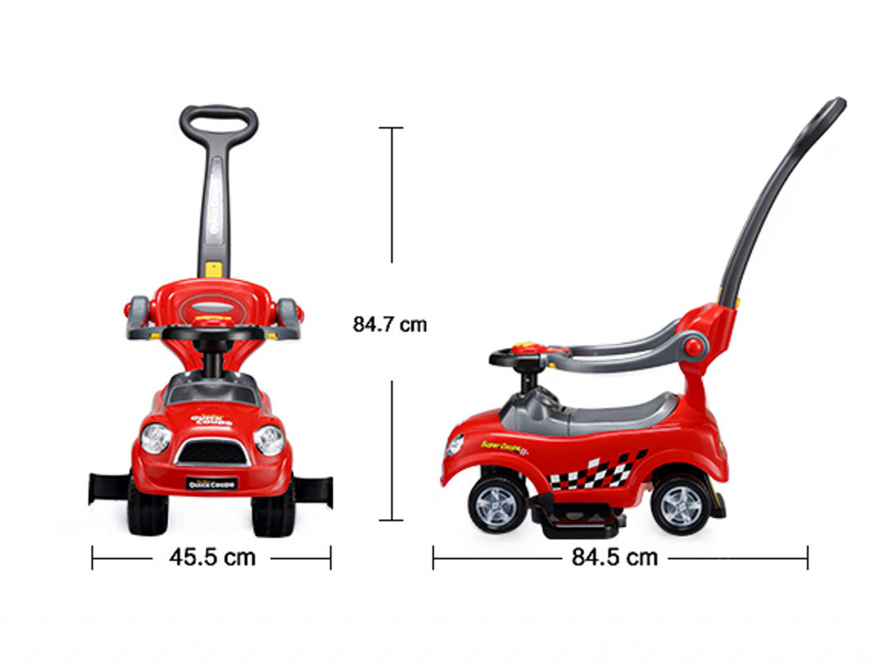 Masinuta pentru copii, Ecotoys, Quick Coupe, 3 in 1, Ride-On, premergator / impingator, volan multimedia, spatar, balustrade de protectie, maner de ghidare, Rosie