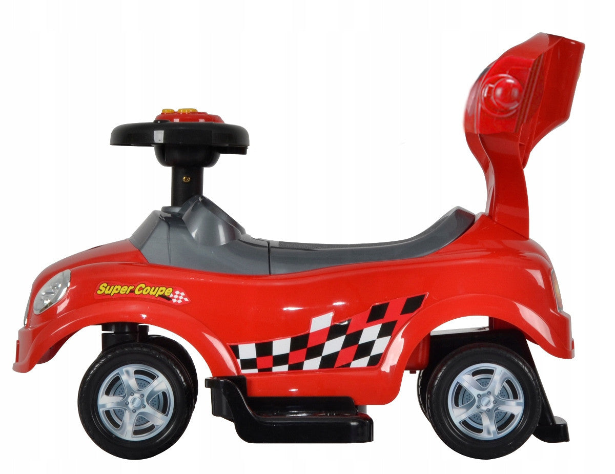 Masinuta pentru copii, Ecotoys, Quick Coupe, 3 in 1, Ride-On, premergator / impingator, volan multimedia, spatar, balustrade de protectie, maner de ghidare, Rosie