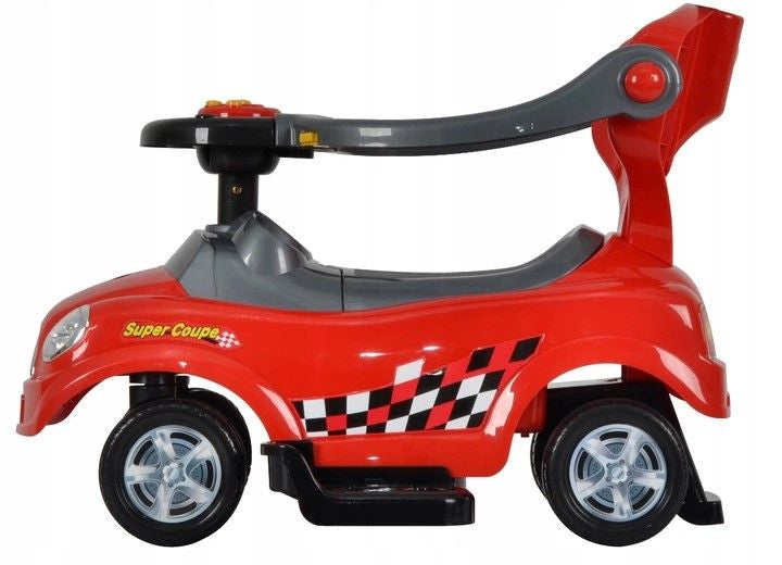 Masinuta pentru copii, Ecotoys, Quick Coupe, 3 in 1, Ride-On, premergator / impingator, volan multimedia, spatar, balustrade de protectie, maner de ghidare, Rosie