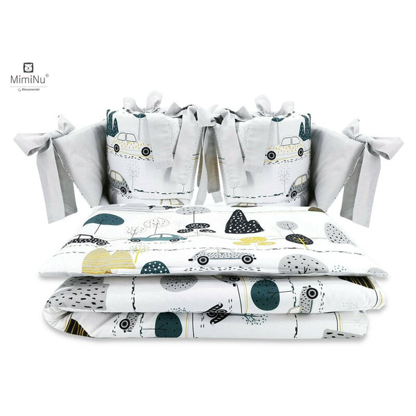 Set lenjerie patut cu 4 piese, din bumbac, pentru patut 120x60 cm, Childrens Journey Grey, MimiNu