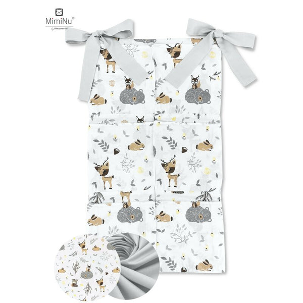 Organizator pentru patut, Din bumbac, Cu 6 compartimente, Cu doua panglici, 70x40 cm, Design, Forest friends Grey/Beige, MimiNu