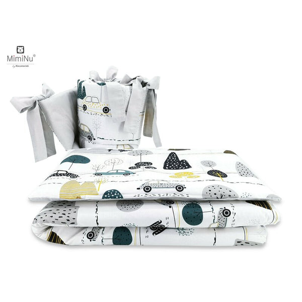 Lenjerie patut 3 piese, Cu protectie laterala, Childrens Journey Grey, Din bumbac, Pentru patut 120x60 cm, MimiNu