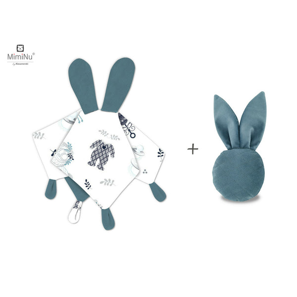 Set jucarie de plus cu urechi si labute din catifea si bumbac + Jucarie zornaitoare Mini Bunny din catifea matlasata, Materiale certificat Oeko Tex Standard 100, Baby Shower Blue/Nepal Green, MimiNu