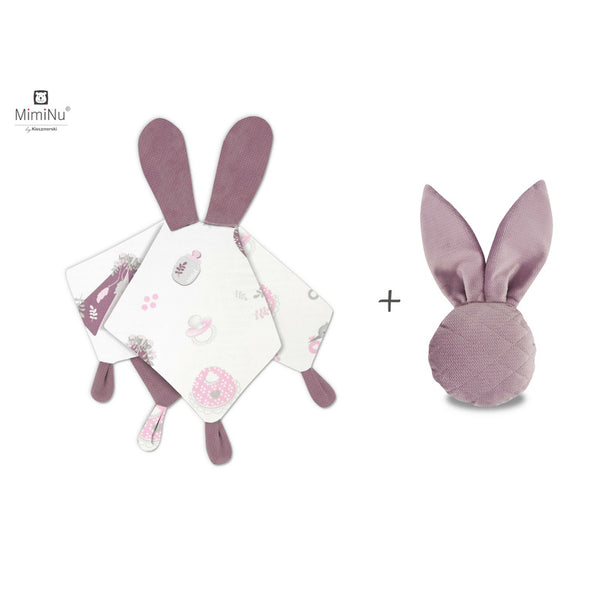 Set jucarie de plus cu urechi si labute din catifea si bumbac + Jucarie zornaitoare Mini Bunny din catifea matlasata, Materiale certificat Oeko Tex Standard 100, Baby Shower Pink/Heather, MimiNu