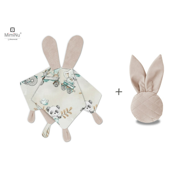 Set jucarie de plus cu urechi si labute din catifea si bumbac + Jucarie zornaitoare Mini Bunny din catifea matlasata, Materiale certificat Oeko Tex Standard 100, Design, Zoo on Bikes Nugat/Beige, MimiNu