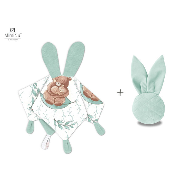 Set jucarie de plus cu urechi si labute din catifea si bumbac + Jucarie zornaitoare Mini Bunny din catifea matlasata, Materiale certificat Oeko Tex Standard 100, Lulu Natural/Mint, MimiNu