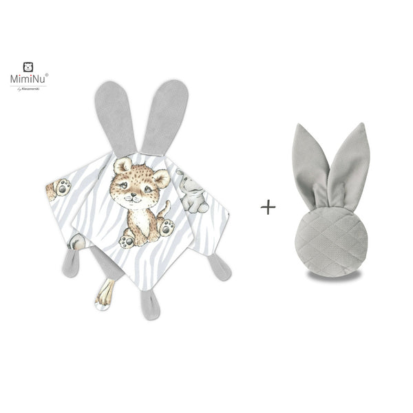 Set jucarie de plus cu urechi si labute din catifea si bumbac + Jucarie zornaitoare Mini Bunny din catifea matlasata, Materiale certificat Oeko Tex Standard 100, Safari Natural/Grey, MimiNu