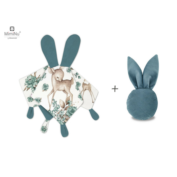 Set jucarie de plus cu urechi si labute din catifea si bumbac + Jucarie zornaitoare Mini Bunny din catifea matlasata, Materiale certificat Oeko Tex Standard 100, Sweet Deer Mint/Nepal Green, MimiNu