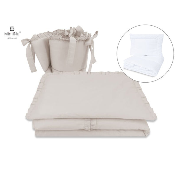 Set lenjerie patut 5 piese, Cu volanase, Cu pilota si perna, Din bumbac, Pentru patut 120x60 cm, Colectia Royal, Beige, MimiNu