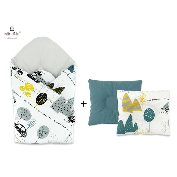 Set paturica de infasat cu doua fete, Dimensiune 75x75 cm + Perna bebelusi profilata, Cu doua fete, Cu functie anti-soc, Dimensiune 23x26 cm, Materiale certificate Oeko Tex Standard 100, Childrens Journey Grey, MimiNu