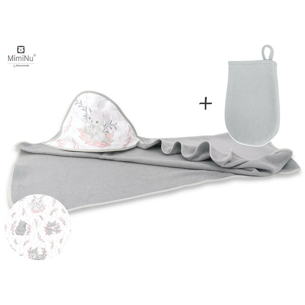 Set prosop mare cu gluga, Dimensiune 100x100 cm + Manusa de baie bebelusi, 12x21 cm, Materiale certificate Oeko Tex Standard 100, Lulu Rose, MimiNu