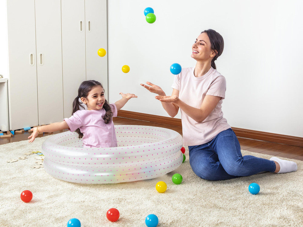 Piscina gonflabila pentru copii, 2 inele, 50 de bile colorate, 91 x 20 cm, Alb cu buline Roz, Bestway