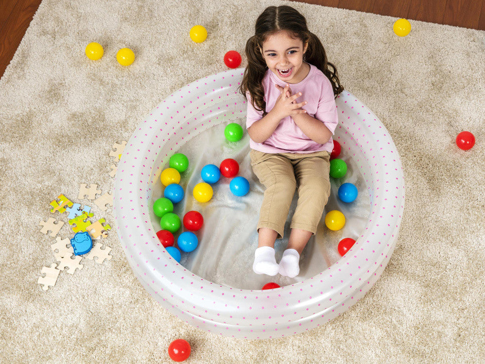 Piscina gonflabila pentru copii, 2 inele, 50 de bile colorate, 91 x 20 cm, Alb cu buline Roz, Bestway