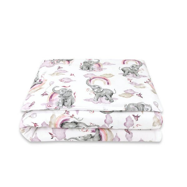 Lenjerie junior cu 2 piese, Din bumbac certificat Oeko Tex Standard 100, 140 x 200 cm, Elephants on Rainbow Pink, Qmini