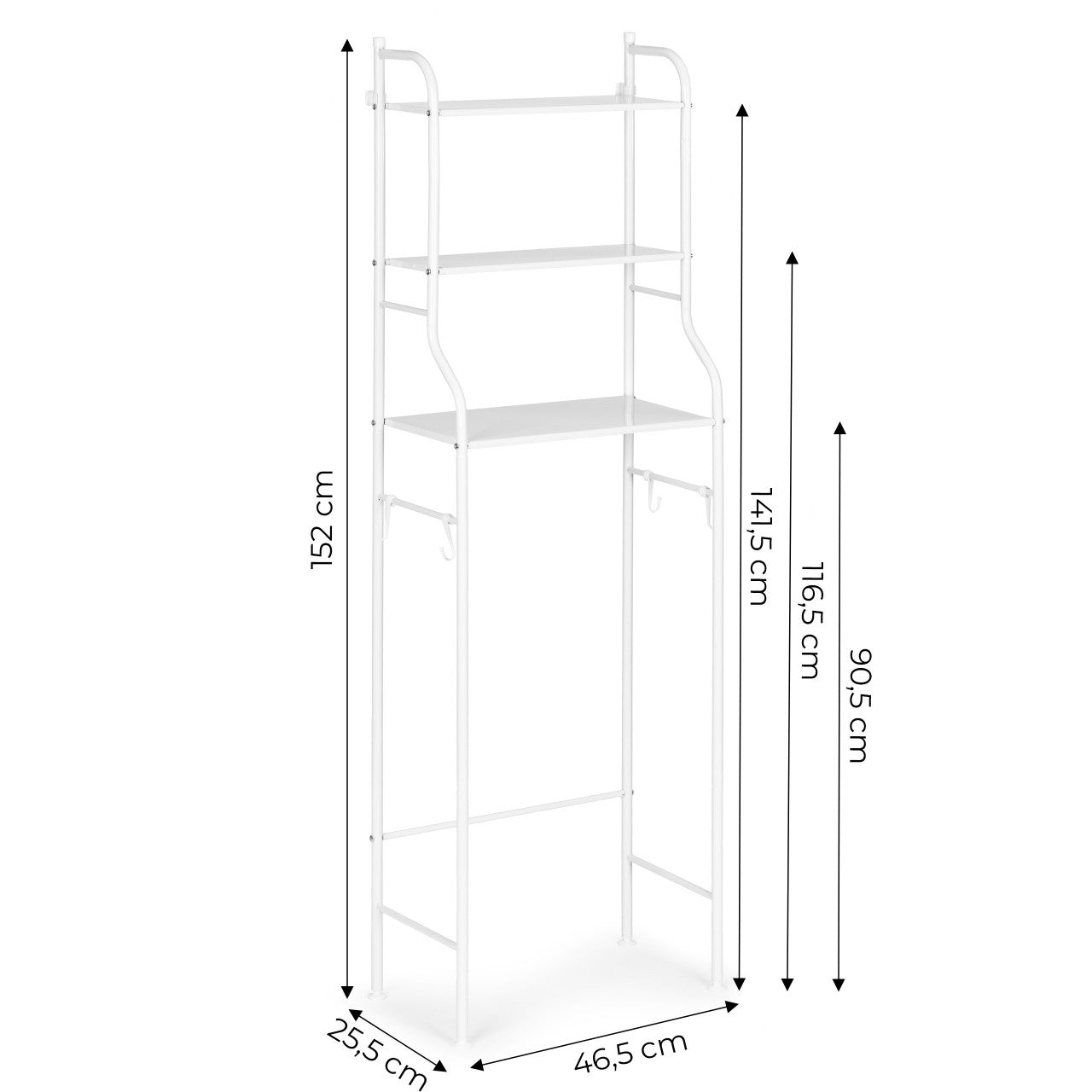 Raft pentru baie din aluminiu, cu 3 etajere, ModernHome, 125 x 25,5 x 46,5 cm, incadreaza scaunul de toaleta, Alb