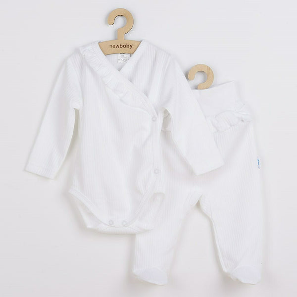 Set 2 piese: body cu maneca lunga si pantalonasi cu botosei, Cu volanase, Marime 68, Din bumbac 100%, Stripes White, New Baby