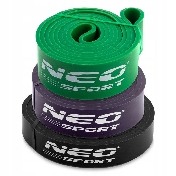 Set 3 Banzi elastice de rezistenta, pentru exercitii fitness, Neo-Sport, NS-960, antrenament in sala de gimnastica, gimnastica de recuperare, Negru/Mov/Verde