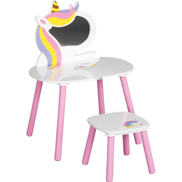 Set de toaleta pentru copii, Unicorn, Cu masuta si scaun din lemn, White/Pink, FreeON