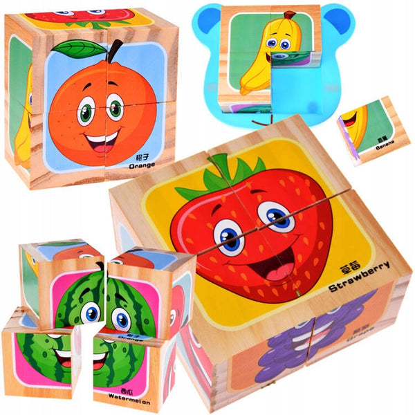 Set educativ de construit, 4 cuburi din lemn, puzzle, Fructe, Jokomisiada, ZA4793