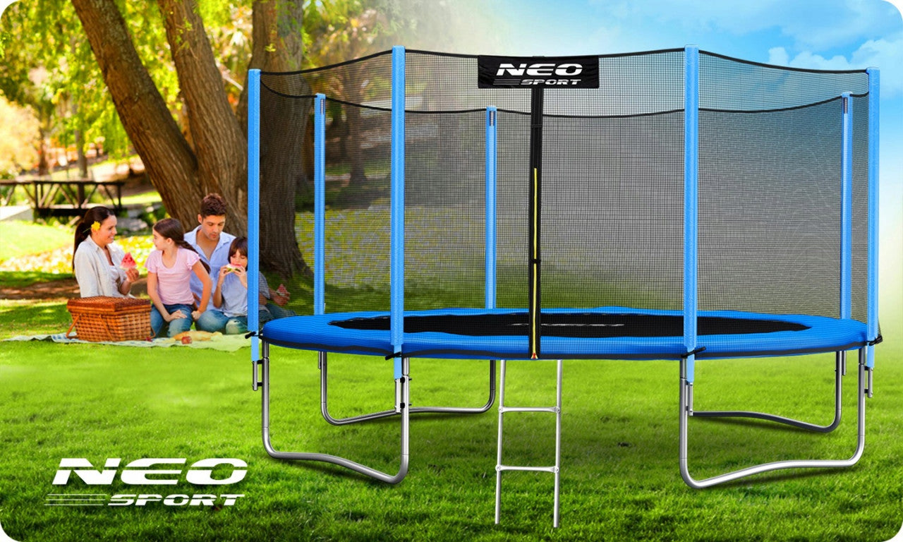 Trambulina pentru copii, 435 cm / 14 ft, cu plasa exterioara, greutate maxima 150 kg, cu jucarie de facut bule, Neo-Sport