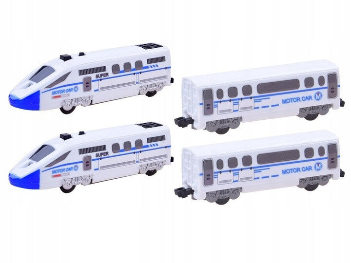 Tren electric cu 3 vagoane de pasageri, lungimea liniei 900 cm, cu lumini, dispozitiv comutare sina, accesorii pentru decor, Alb