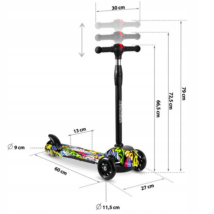 Trotineta de echilibru pentru copii, cu 3 roti, lumini LED, pliabila, ghidon reglabil, pana la 35 kg, Ricokids, Piko, Negru cu modele colorate, 765011, RicoKids