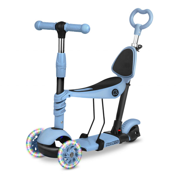 Trotineta de echilibru pentru copii, cu scaun reglabil si maner parental detasabil, Ricokids, Todi, cu 3 roti, lumini LED, ghidon reglabil, pana la 30 kg, Albastru / Gri, RicoKids